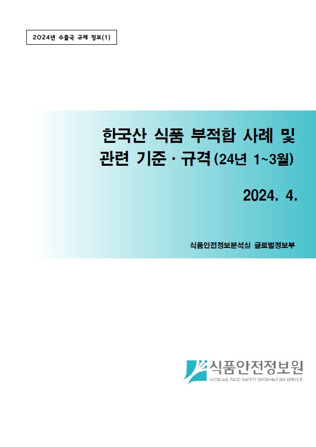 수출국 규제 정보 - 한국산 식품 부적합 사례 및 관련 기준·규격('24년 1분기)_표지사진